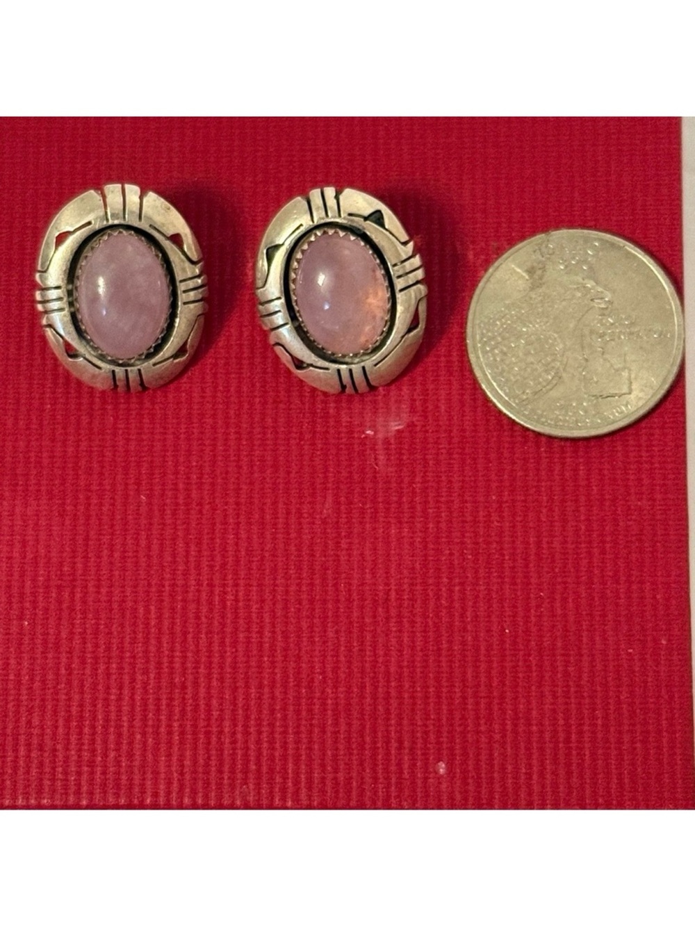 NATIVE AMERICAN EARRINGS STERLING SILVER POST STUD PINK OVAL CABOCHON PIERCED